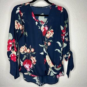West Kei Navy Floral Blouse with Red and Cream Accents